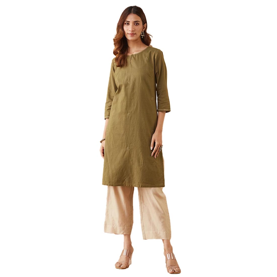 Fabindia WomenS Cotton Embroidered Regular Fit Kurta (1039126Olive_Olive