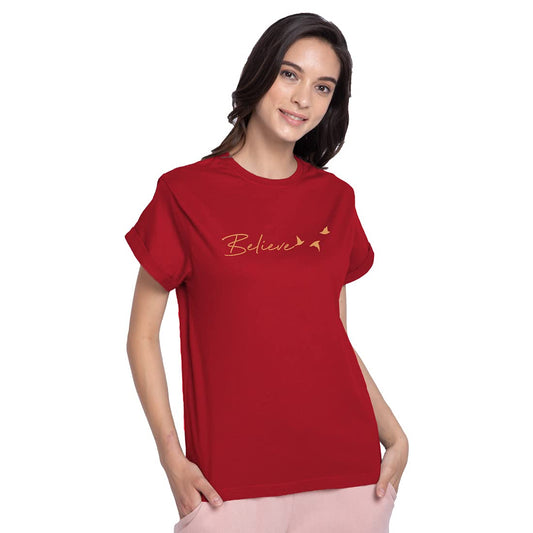 Bewakoof Womens Cotton Printed Minimal Believe Boyfriend Half Sleeve | Round Neck | T-Shirt/Tee