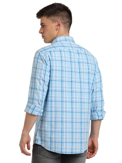Turtle Men 100% Cotton Slim Fit Light Blue Check Full Sleeve Casual Shirt