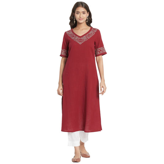 Fabindia Women Embroidered V-Neck Cotton Long Kurta Chikankari_Maroon