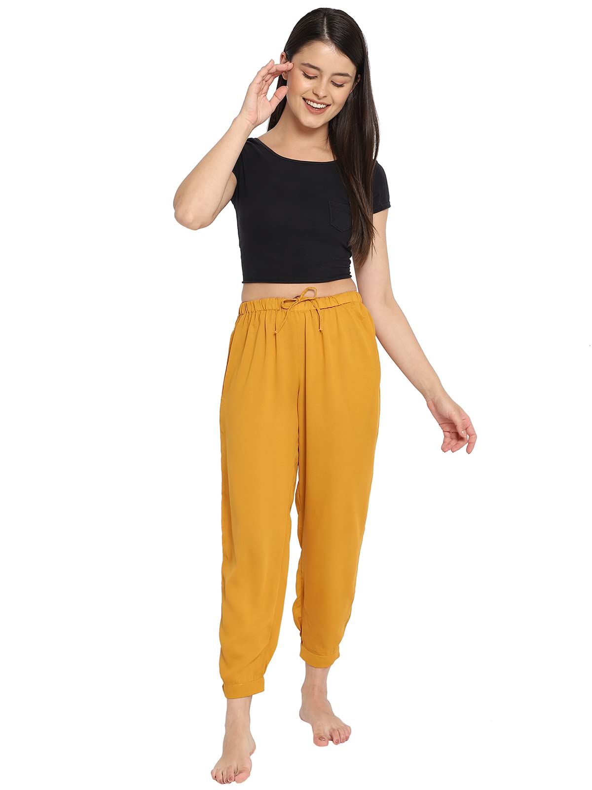 Clovia Womens Crepe Chic Basic Pyjama (LB0187P07_Yellow_S)