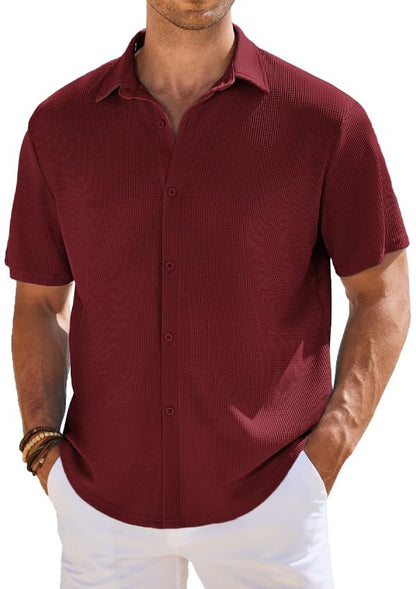 CB-COLEBROOK Mens Waffle Knit Textured Button-Down Wrinkle Free Casual Shirts, Short Sleeves, Summer Beach Tops (in, Alpha, XL,