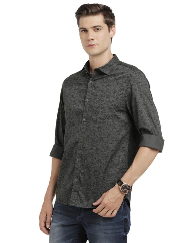 Turtle Men 100% Cotton Slim Fit Grey Printed Full Sleeve Casual Shirt