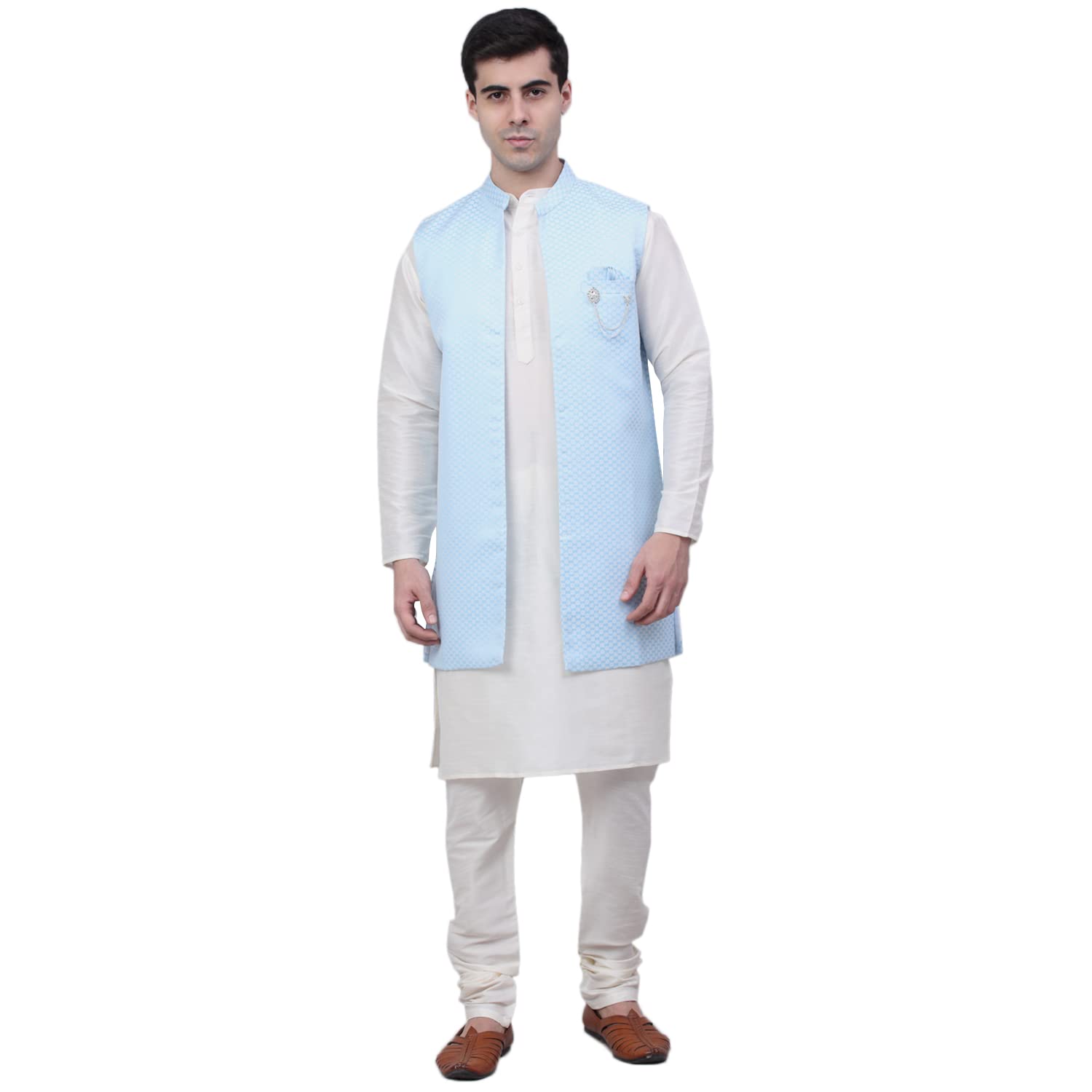 Jompers Mens Solid Kurta Pyjama Set With Woven Design Waistcoat Jacket
