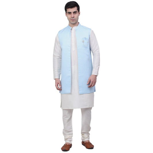 Jompers Mens Solid Kurta Pyjama Set With Woven Design Waistcoat Jacket
