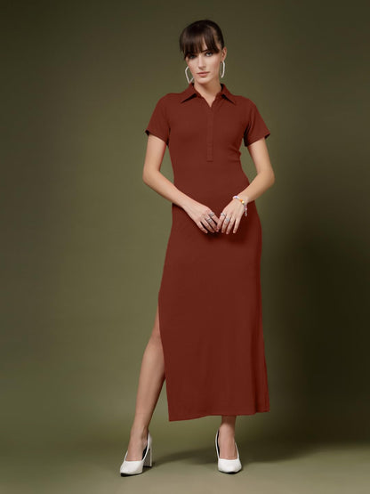 OOMPH! Womens Western & Fusion wear Stretchable Ribbed Lycra Shirt Dress for Women, Bodycon, Brown - md1119