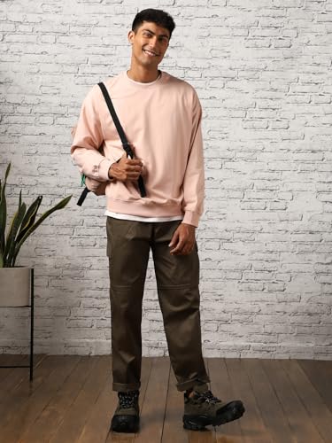 Nobero MenS Cotton Blend Crew Neck Sweatshirt (1M-Twss-R0005_Pink Clay