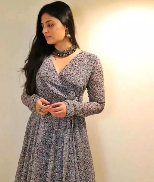 Fashion2wear Womens Georgette Fit and Flare V-Neck Gown Elegant Silhouette in Effortless Style | 3/4 Sleeve | Dress for Women (