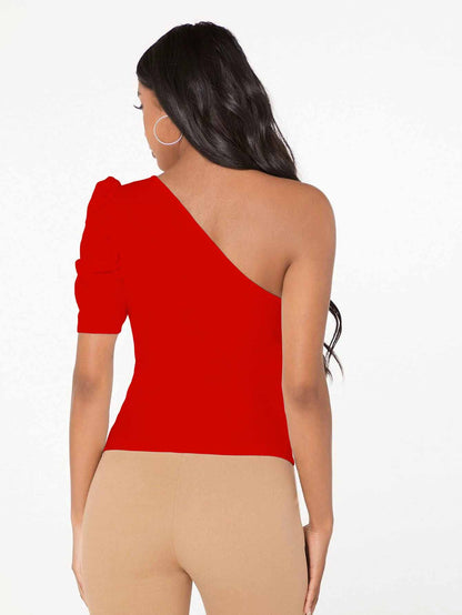 Shasmi Womens & Girls Red Short Puff Sleeve, One Shoulder Neck, Ruched Bust Solid Tops for Women/Tops, T-Shirts for Girls (TOP