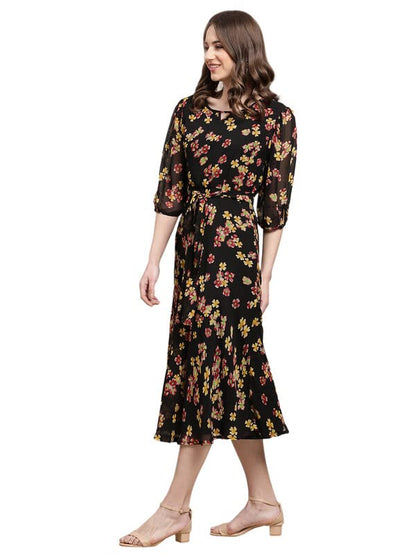 Preneum WomenS Maxi Fit & Flare Latest Style Print Georgette Regular Sleeves Casual Maxi Dress || Summer Dress Festival & Occas