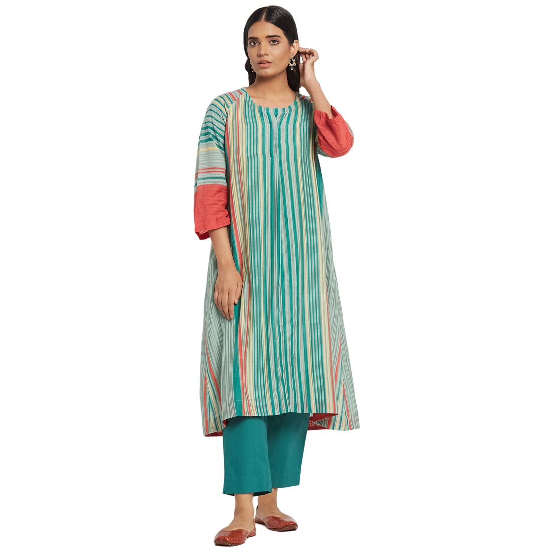 Fabindia Women's Turquoise Cotton Silk Regular Fit Kurta Set