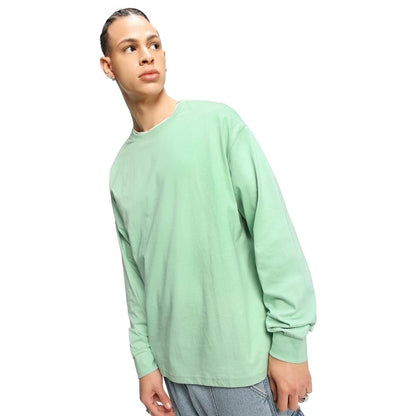 Bewakoof Mens Solid 100% Cotton T-Shirt- Loose Fit, Round Neck, Full Sleeves Green