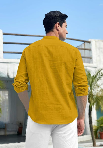 Macsivo MenS Cotton Polyester Blend Solid Short Kurta With Mandarin Collar Full Sleeve Button Closure Curved Hem Regular Fit |