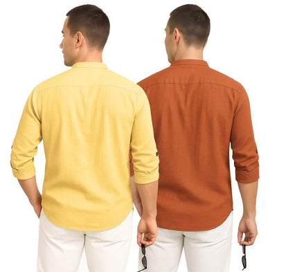 Deelmo Combo Of MenS Cotton Blend Solid Regular Fit Full Sleeve Short Kurta | MenS Trendy Short Kurta Pack Of 2 Yellow - Orang