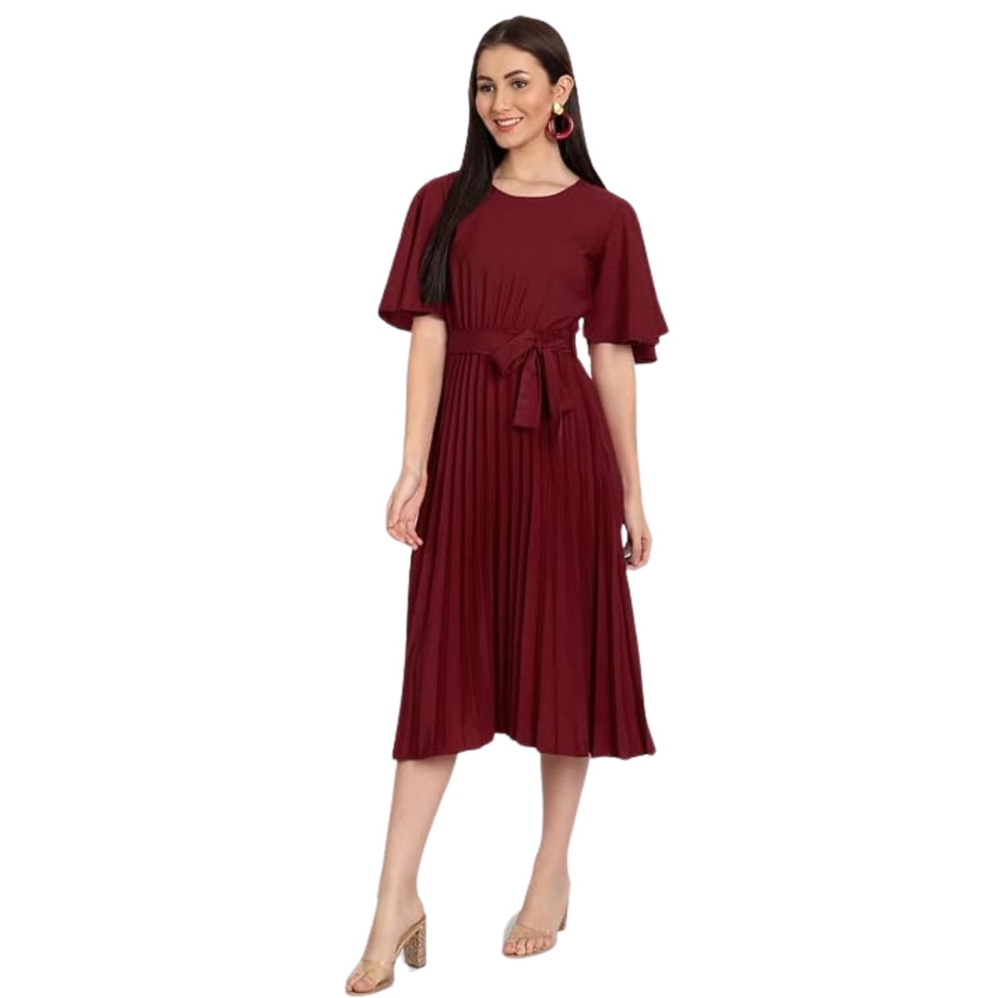 Kuduzo WomenS Crepe Midi Dress With Plated Style Round Neck Half Ruffle Sleeves Below Knee Length Solid Pattern And Regular Fit