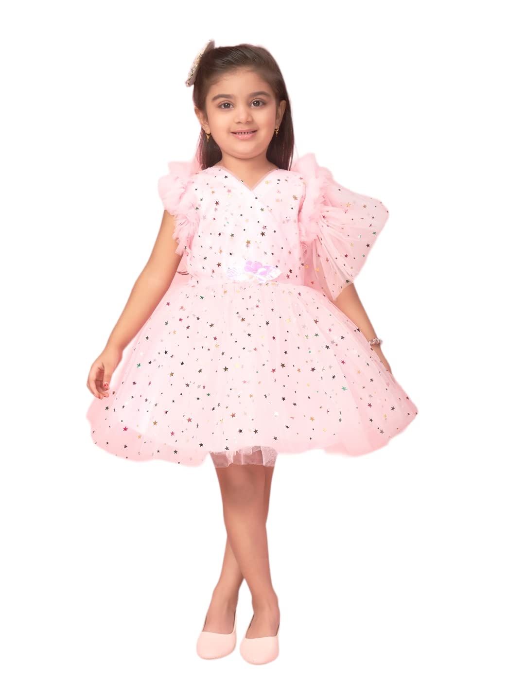 Aarika Baby-Girl's Net Fit and Flare Above The Knee Dress (New_FK-16010_Pink