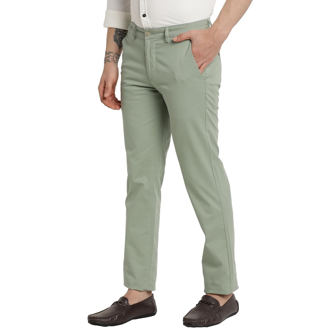 Turtle Men Cotton Stretch Pista Green Solid Ultra Slim Fit Casual Trouser