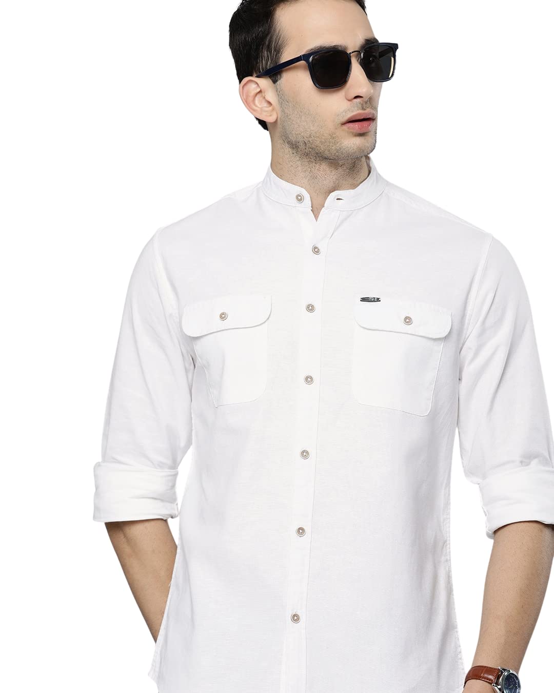 The Indian Garage Co Men White Solid Slim Fit Linen Casual Shirt