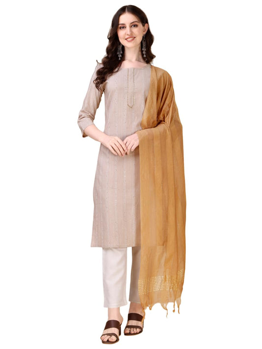 Fashion Basket Women Cotton Striped Printed Kurta Set With Pant & Dupatta (Large, Beige)