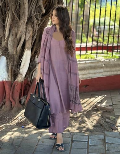 GoSriKi Women's Rayon Blend Kurta Set with Pants & Dupatta, 3XL, Purple, Model Raja Saab Purple-VKS01-GS
