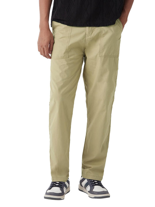 Bewakoof Mens Mid Rise Solid Regular Fit Poplin Pants_648621_Beige_30