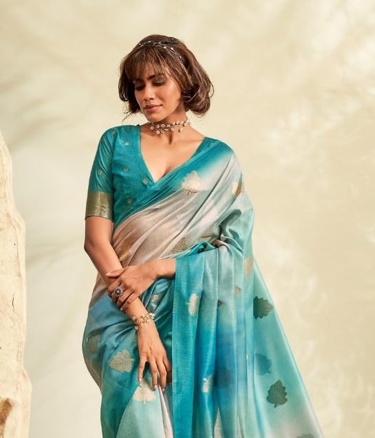 Pujia Mills WomenS Leaf Zari Woven Design With Ombre Print Silk Saree With Unstitched Blouse