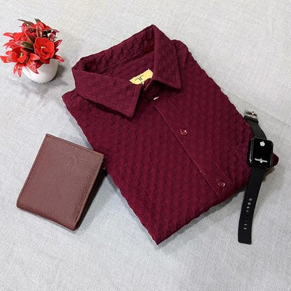 Pinkmint Textured Shirts for Men l Chest Pocket Short Sleeve Maroon Shirt l Regular Fit Summer Outdoor Activities (Pack of 1)