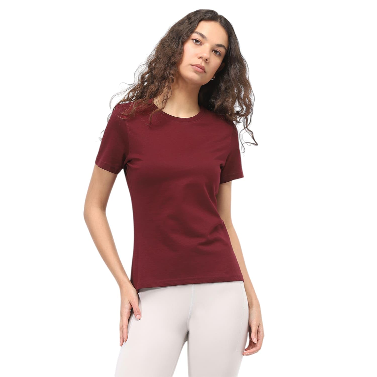 Nobero WomenS Solid Regular Fit T-Shirt (1W-Twts-R0003_Wine Red