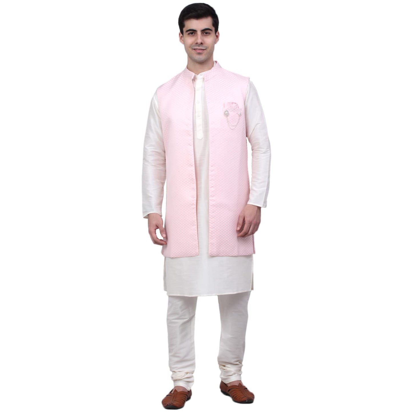 Jompers Mens Solid Kurta Pyjama Set With Woven Design Waistcoat Jacket