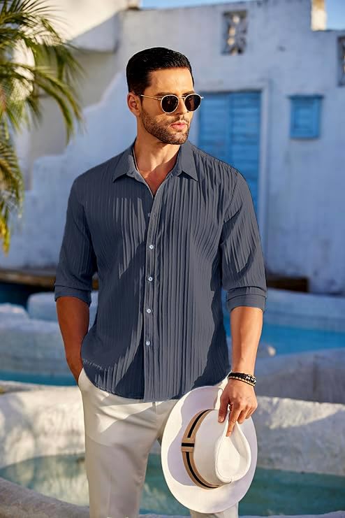 CB-COLEBROOK Mens Casual Button Down Shirts Long Sleeve Linen Shirt Fashion Textured Beach Summer Shirt (in, Alpha, XL, Regular
