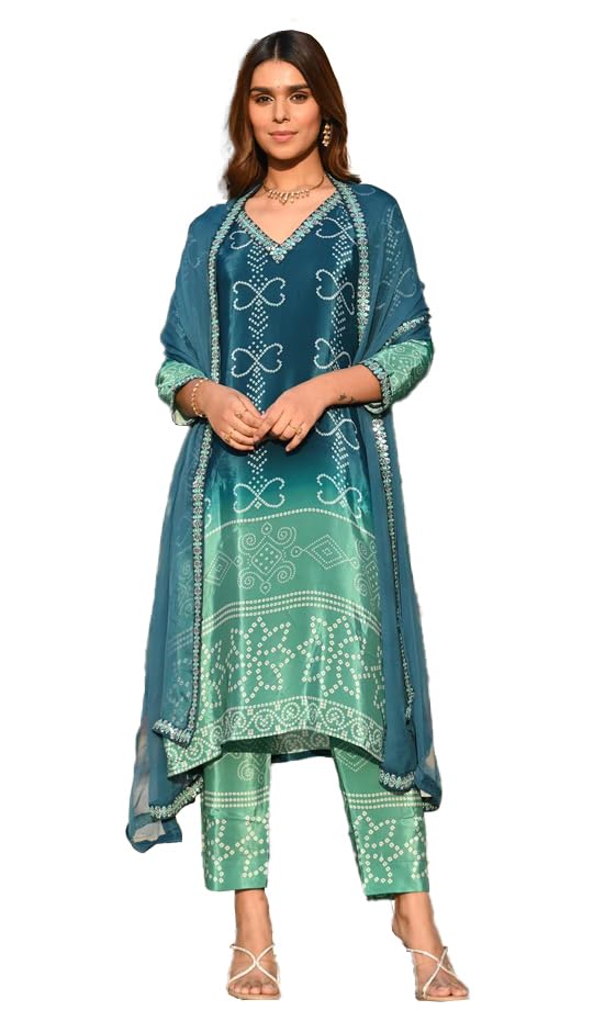 Wedani Soft Chinon Silk Bandhani Print with Sequence Embroidery Lace Border Kurta Pant Set with Dupatta for Women-Turquoise