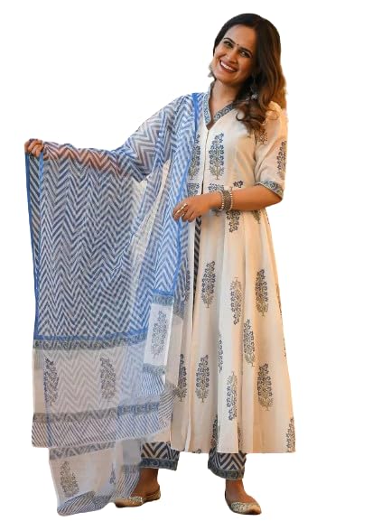 Pinkmint Women Floral Printed Kurta And Pant Set With Dupatta White