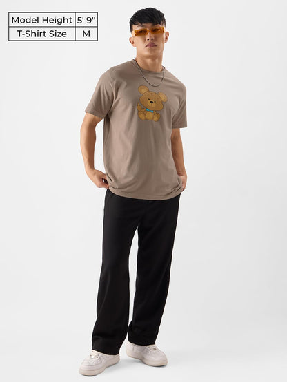 The Souled Store Beary Cute Men and Boys Regular Fit Half Sleeve Graphic Printed Cotton Brown Color T-Shirt