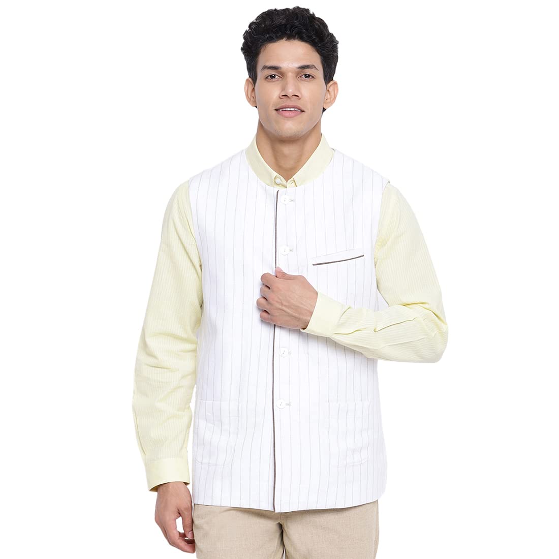 Fabindia Men Linen Striped Jacket White_M