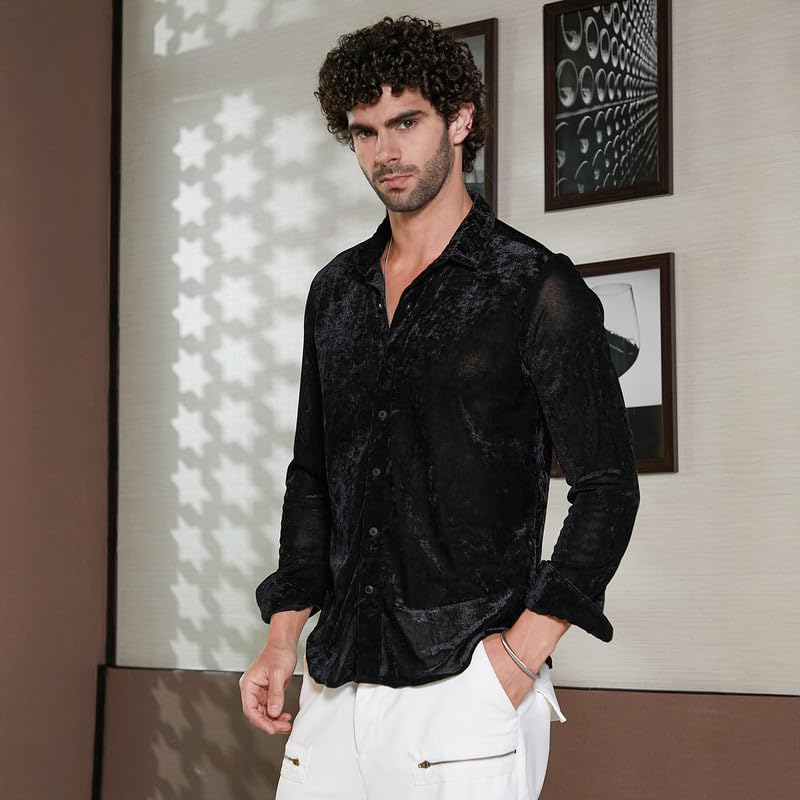 Campus Sutra Mens Onyx Black Solid Velvet Shirt for Casual Wear | Spread Collar | Long Cuffed Sleeves | Button Closure | Shirt