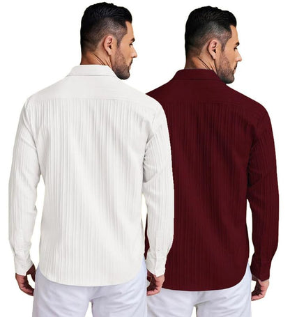 Deelmo Combo Of MenS Casual Button Down Shirts Long Sleeve Linen Shirt Fashion Textured Summer Shirts Pack Of 2
