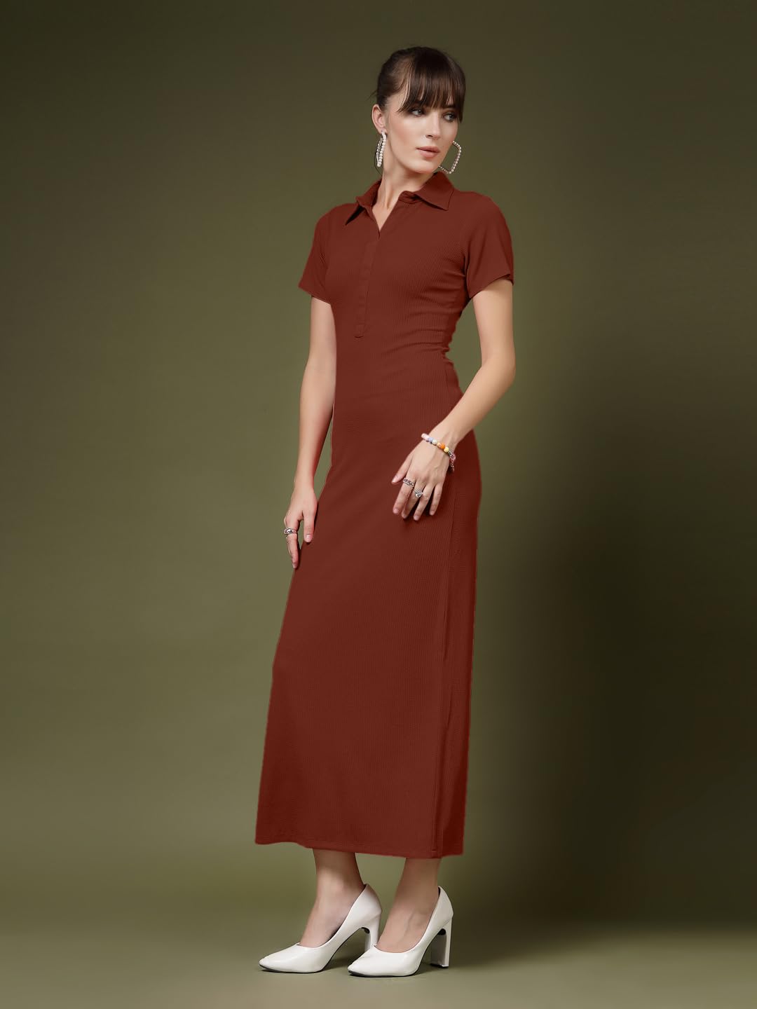 OOMPH! Womens Western & Fusion wear Stretchable Ribbed Lycra Shirt Dress for Women, Bodycon, Brown - md1119