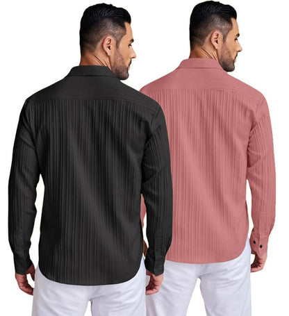 Deelmo Combo Of MenS Casual Button Down Shirts Long Sleeve Linen Shirt Fashion Textured Summer Shirts Pack Of 2