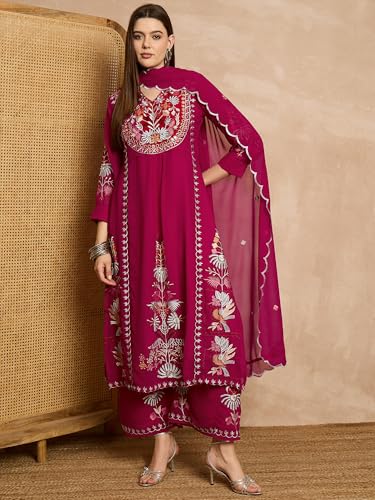 Serona Fabrics WomenS Faux Georgette Thread Embroidered Work Kurta With Palazzos & Dupatta