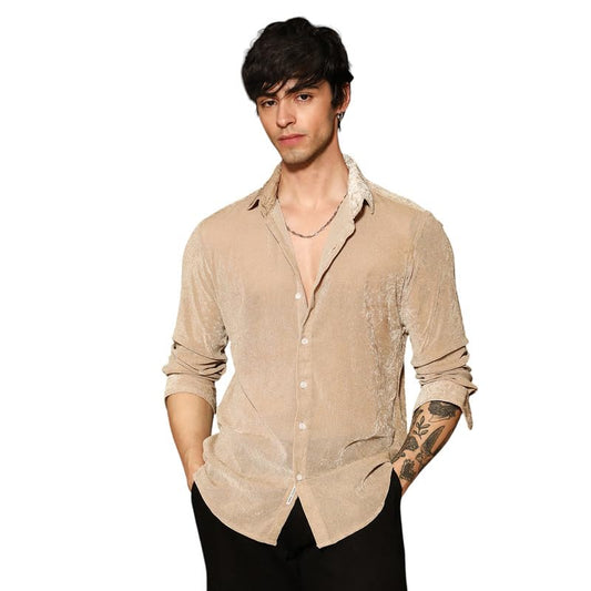 Campus Sutra Mens Sand Beige Solid Velvet Shirt for Casual Wear | Spread Collar | Long Sleeve | Button Closure | Shirt Crafted