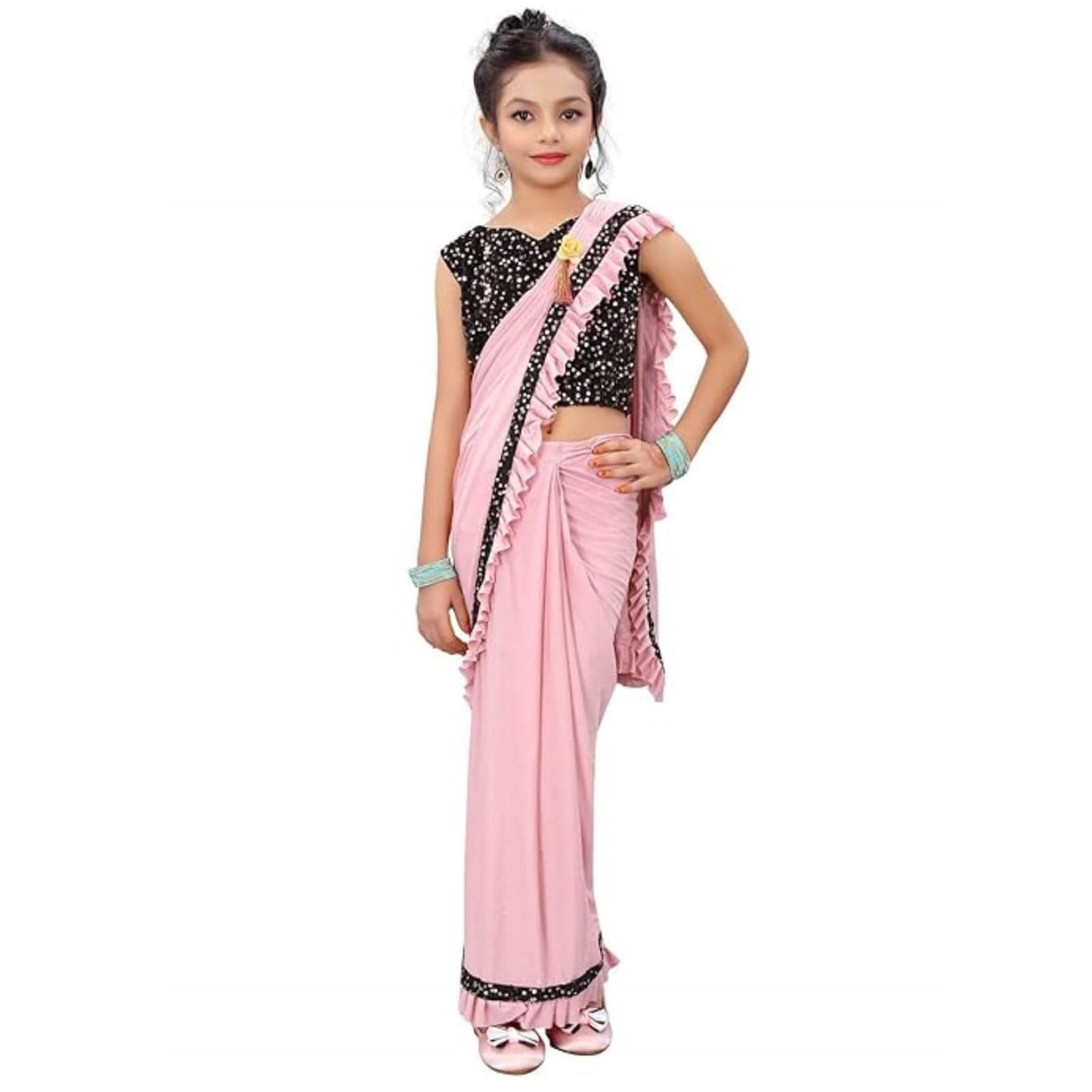 Dhyey Fashion GirlS Lycra Blend Ruffle Saree And Velvet Unstitched Blouse Piece | Readymade Saree For Girls | Girl Ruffle Baby