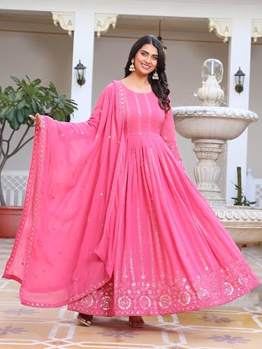 Fashion Basket Embroidered Anarkali Dress For Women Pink