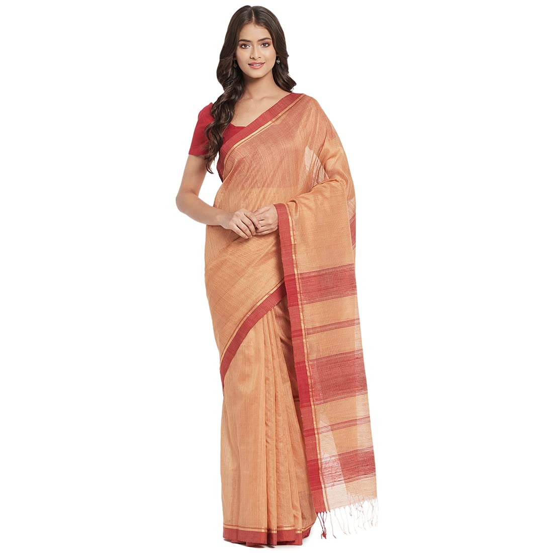 Fabindia Women Silk Blend Woven Sari Orange_Freesize