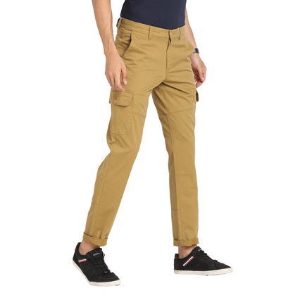 Turtle Men Cotton Stretch Dark Beige Solid Cargo Pant