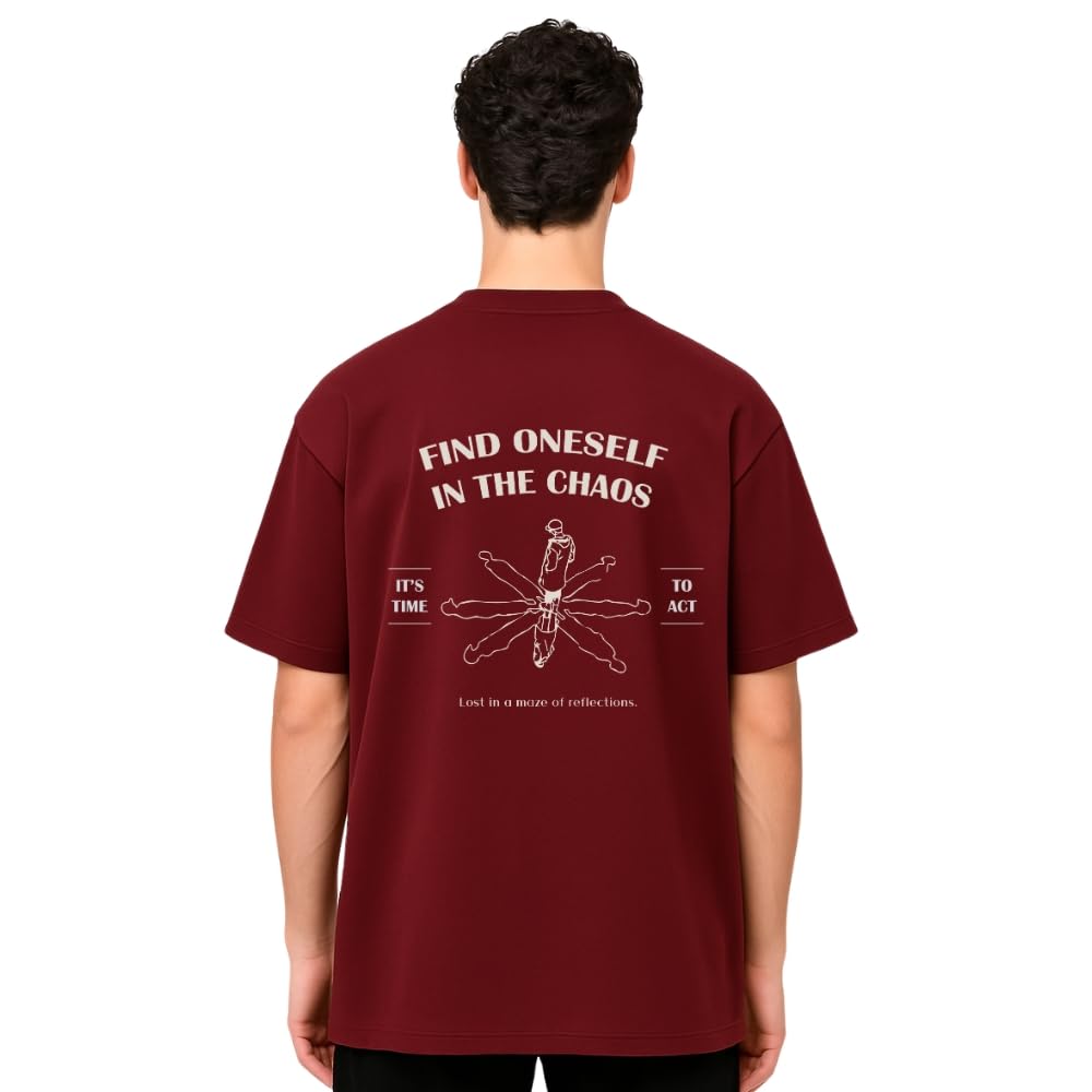 Nobero MenS Graphic Print Oversized Fit T-Shirt (1M-Twrt-C1005-Bs_Find Oneself-Wine Red