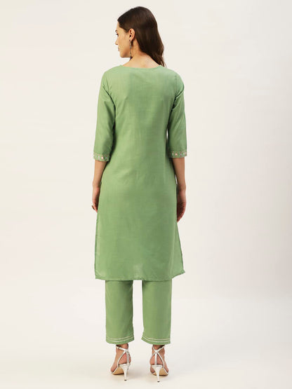 anubhutee Women's Cotton Blend Olive Green Mirror Work Ethnic Motifs Embroidered straight Kurta Suit Set With Pants