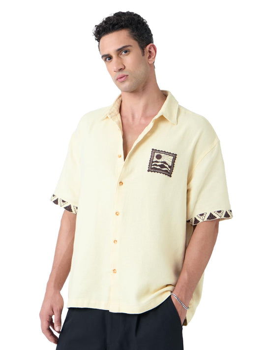 The Souled Store Oversized Shirt: Scenic Men and Boys Short Sleeves Collared Neck Button Front Off White Embroidered Cotton Over