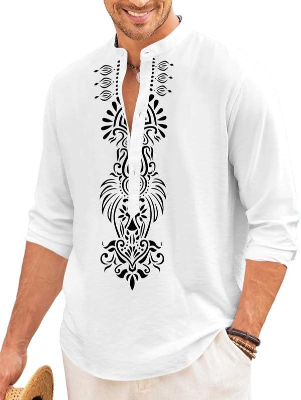 Finivo Fashion MenS Cotton Blend Short Kurta With Bold Printed Front Design | Full Sleeve Ethnic Casual Kurta With Mandarin Coll
