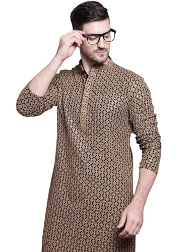 Jompers Mens Sequin Embroidered Pure Cotton Kurtas (Brown, Xxl)