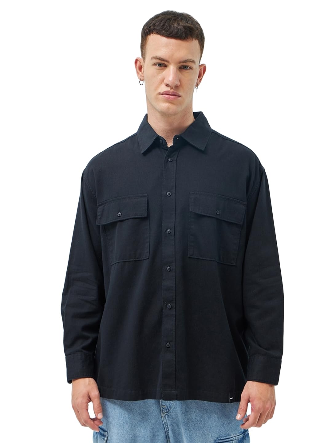 Bewakoof MenS Solid Oversized Fit Full Sleeve Collared 100% Cotton Shirt_ 604428 Black M